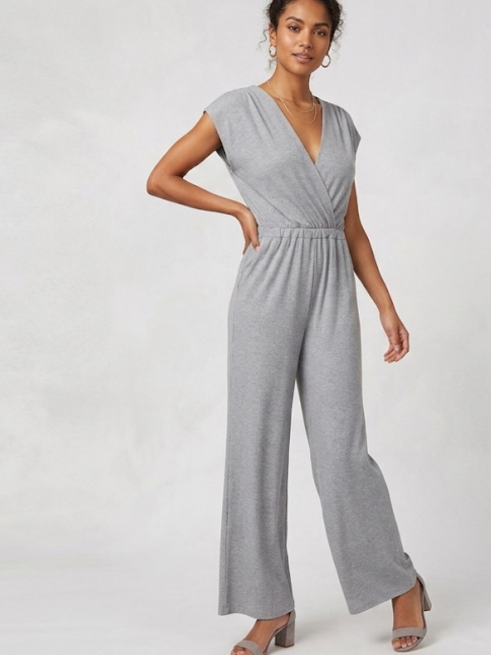 Ripley Rader Grey Knit Crossover Wide Leg Jumpsuit Size 3 Medium